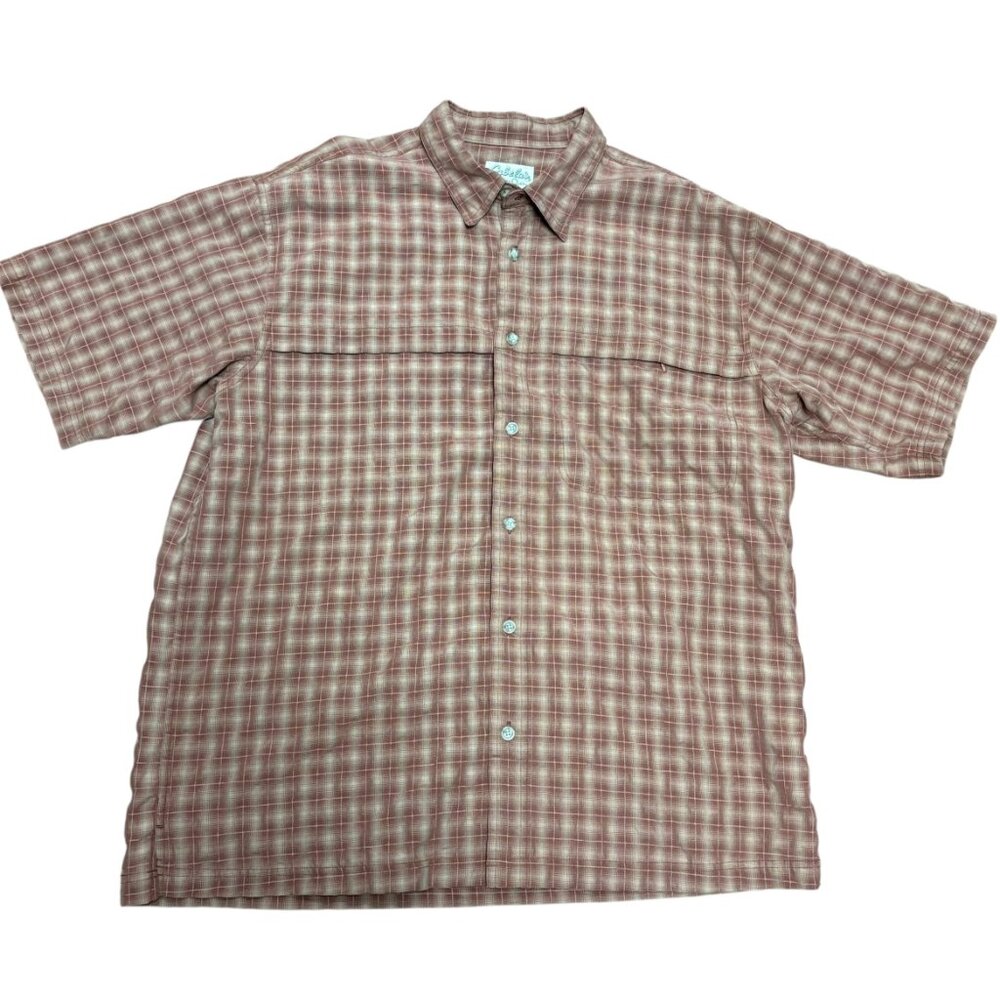 Cabela's Plaid Button Up Casual Shirt Short Sleeve Men's Red Brown Size Large